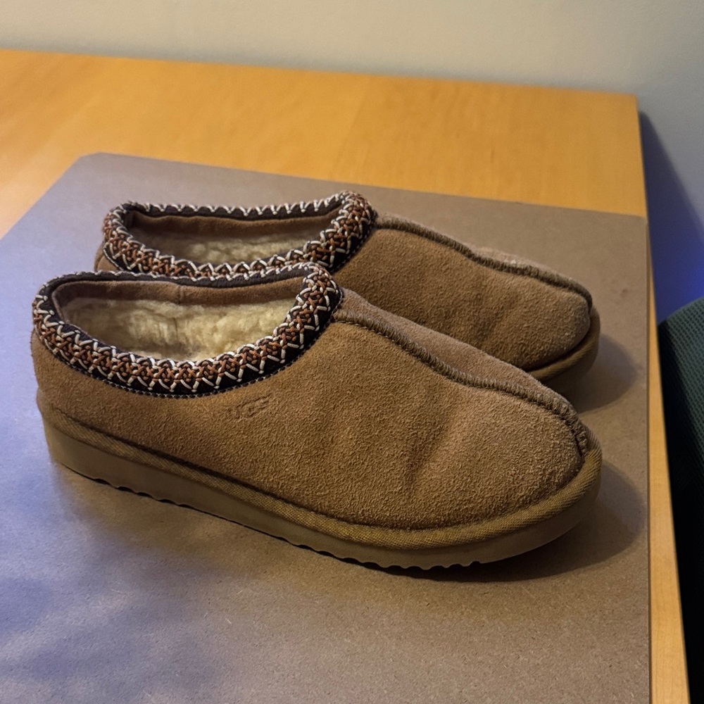 UGG Tan Suede Slip-Ons with Woven Trim